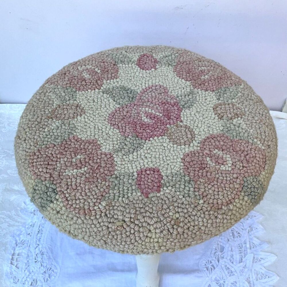 Cottagecore Vintage Stool Hooked Rug top Shabby Cottage pink and white must see